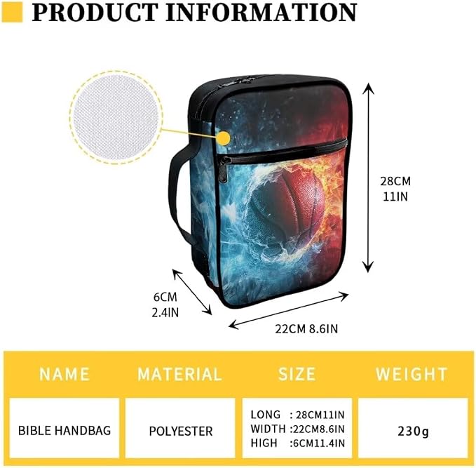 Coldinair Fire Flame Basketball Bible Cover Case for Men,Kids Carrying Book Cover Bible Holders with Handle and Zippered Pocket,Fits for Standard/Large Size Bible