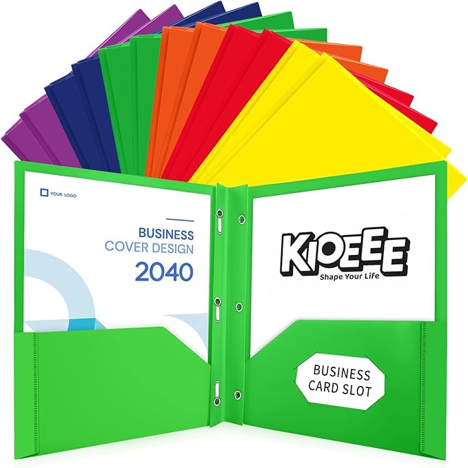 Plastic Folders with Pockets and Prongs (12 Pack,Multi-Colored),Fit Letter Size Paper,Business Card Slot,2-Pocket Folder for School Office or Home,Durable Acid-Free Poly,Back to School Supplies