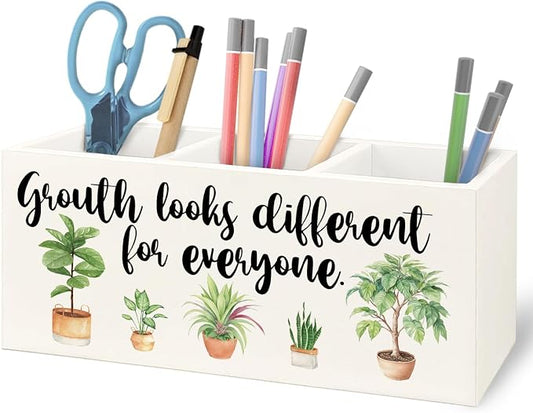 Growth Looks Different for Everyone Mental Health Growth Mindset Wooden Pen Pencil Holder for Classroom Therapy Office Desk Accessories, Back to School Supplies Gifts for Students