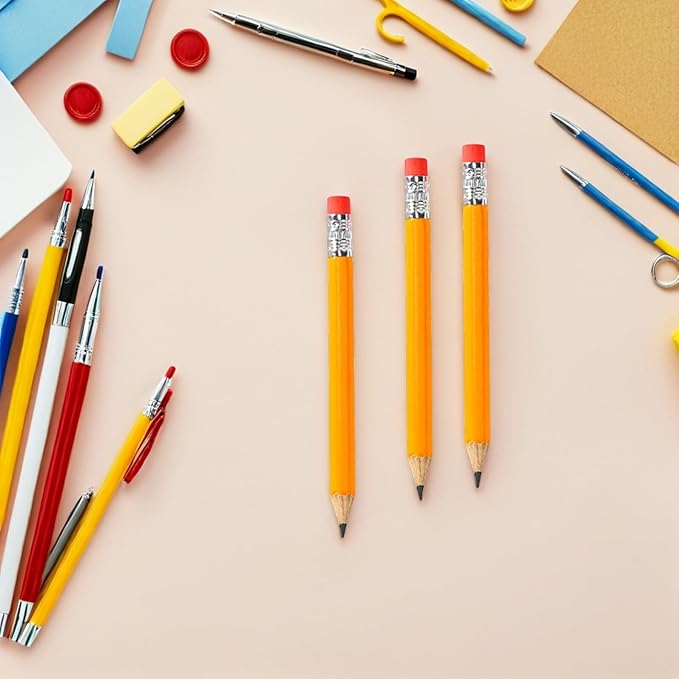 100pcs Wooden Hb Pencils with Top Erasers 10cm Yellow Wood Sketching Writing Pencils for Primary School Students Birthday Party Goodie Bag and Homeschool Supplies