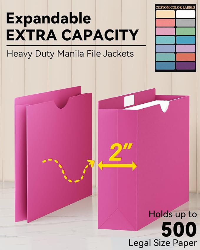 ANSOOK Reinforced Plastic File Jackets,Heavy Duty 2" Expansion Accordion Pocket File Folders,Legal Size Filing Cabinet Folder,12 Pack Poly Manila Folders,Straight Cut Tab,Color Job Folder for Office