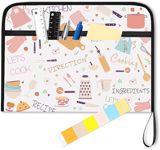 WEBEEDY Cooking Patterns Expanding File Folder 13 Pockets Kitchen Utensils Accordion Folder File Organizer with Labels and Zipper, Portable Document Organiser for A4 Paper Photo Receipt Paperwork