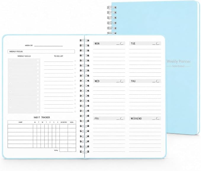 TREES Undated Weekly Planner, Weekly To Do List Notebook with Goal & Habit Tracker Organizer, A5 5.7"" x 8.0"" Weekly Planner Notebook with Spiral Binding for Men or Women, Blue