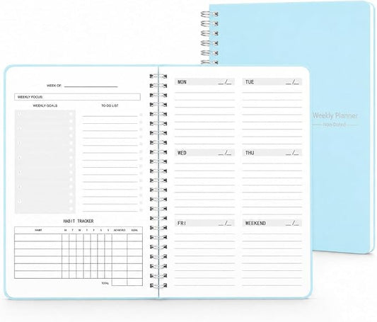 TREES Undated Weekly Planner, Weekly To Do List Notebook with Goal & Habit Tracker Organizer, A5 5.7"" x 8.0"" Weekly Planner Notebook with Spiral Binding for Men or Women, Blue