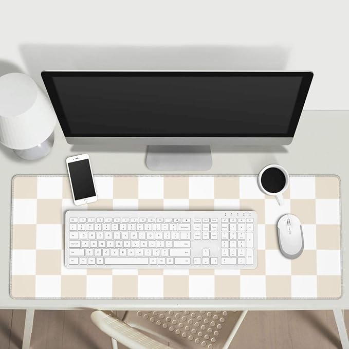Beige Checkered Aesthetic Gaming Mouse Pad, Large Mouse Pad for Desk Mat XXL XL Mousepad, Big Keyboard Pad Office Desk Accessories Decor
