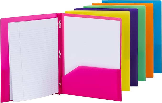 Smead Poly Two-Pocket Folder, Three-Hole Punch Prong Fasteners, Letter Size, Assorted Bright Colors, 6 Folders Total (87747)