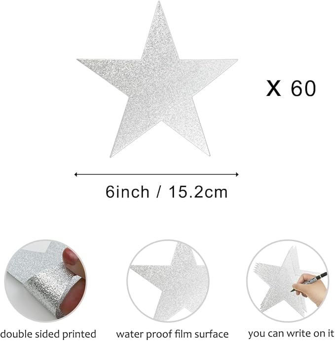 60 Pcs Glitter Star Cutouts Paper Double Printed Paper Star Decorations, 6 Inch Stars Decoration for Wedding Party Bulletin Board Classroom Decoration Supply (Silver)