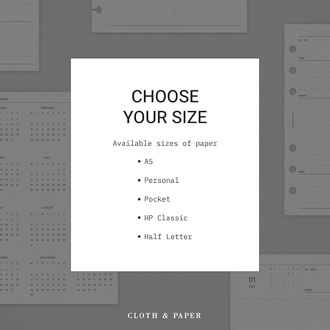Cloth & Paper 2026 Year At A Glance Single Page Dashboard | Half Letter 8 Disc Punch, 5.5 x 8.5 Inches | Transparent Vellum, Pre-Punched, Fits Large Folio, Full Year Calendar Insert for Planners