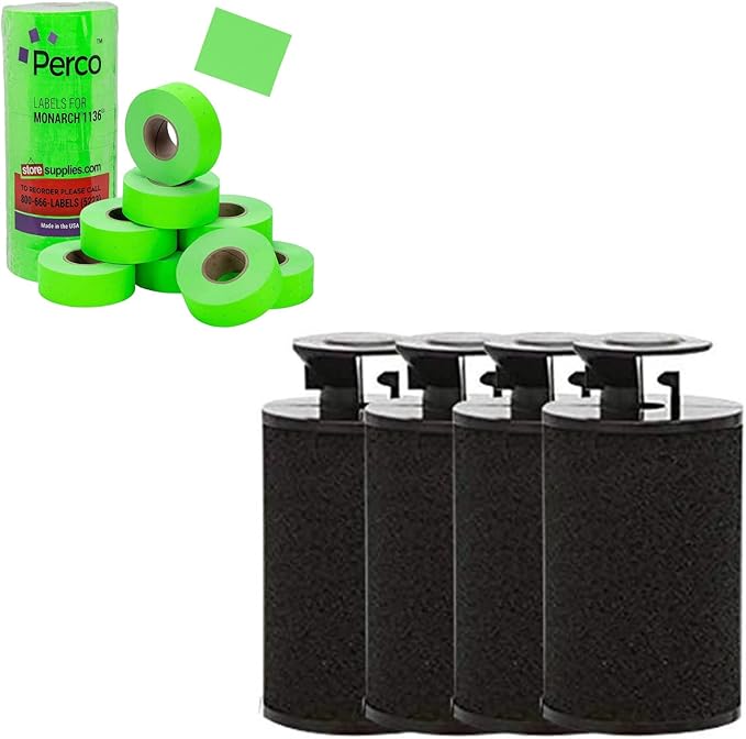 Perco Monarch Ink Roll for Monarch 1131 & 1136 Price Labelers (Pack of 4) Bundle with Perco Fluorescent Green Pricing Labels 1136 Price Gun - 8 Rolls, 14,000 Pricemarking Labels