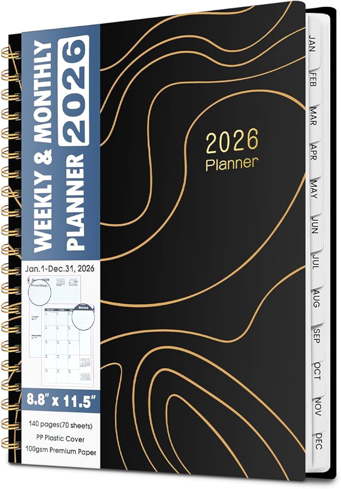 2026 Planner Weekly and Monthly, HZZHE 8.8"x11.5" Large Spiral Yearly Notebook with Jan.2026-Dec.2026 Calendar, Water Resistant Cover, Monthly Tabs, Daily Organizer for School Office Supplies - Black A4 100GSM 140P