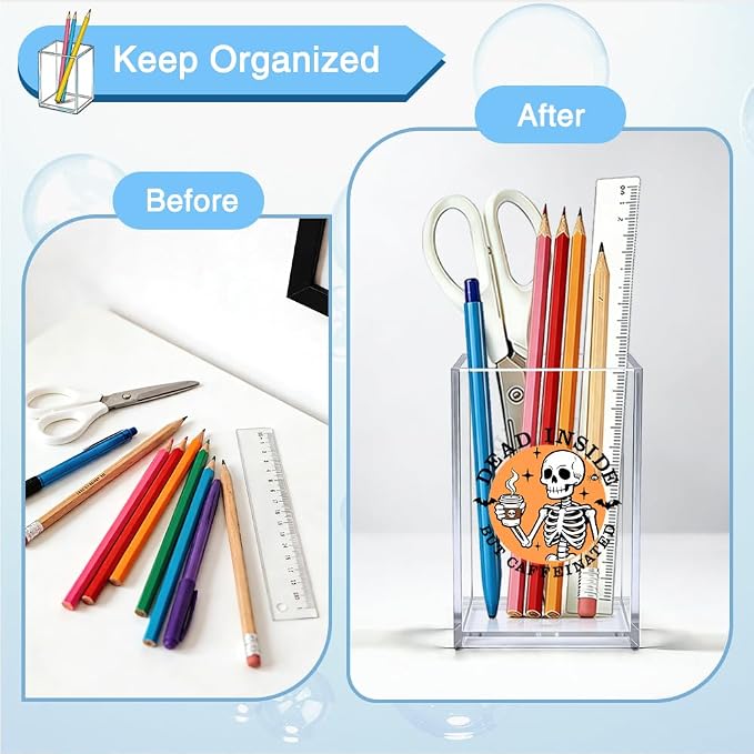 Dead Inside But Caffeinated Acrylic Pen Holder, Funny Skeleton Coffee Pencil Cup Desk Organizer, Coffee Lover Gifts for Women Men Friend Coworker Student Teacher, Gothic Office Desk Decor