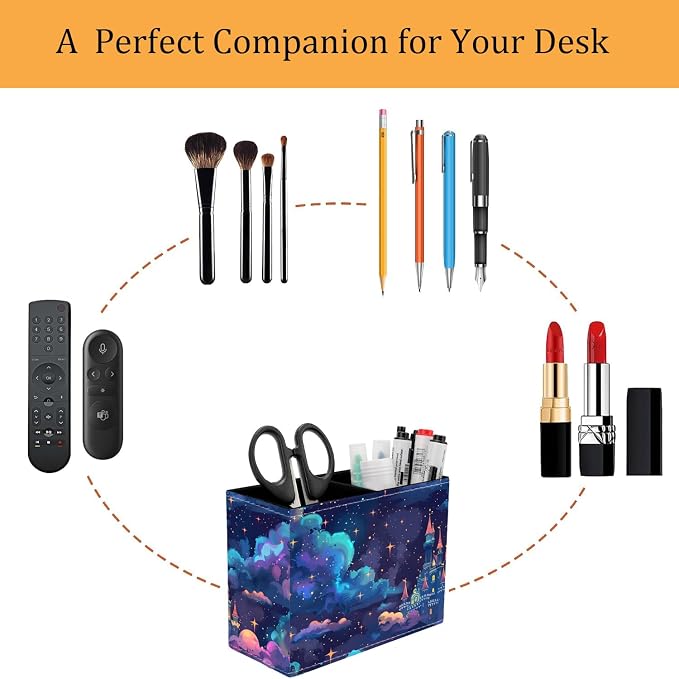 Pen Holder for Desk, PU Leather Multifunctional Desktop Storage Box and Anti-Slip Mouse Pad Set, Makeup Brush Holder Pen Organizer for Office and Home - Astral Cloud Castle
