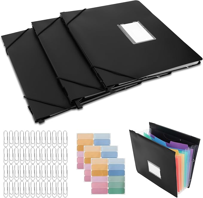 3 Packs Plastic Expanding Hanging File Folders with 3 Sheets Sticky Notes & 100 Paper Clips 7 Innovative Accordion Pockets, Large Capacity, Multi-Color Tabs for Filing Cabinet