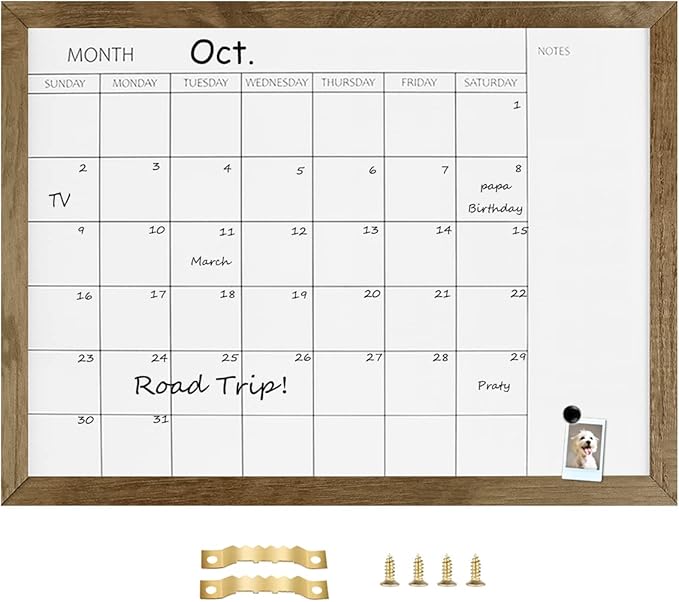 TORASO Dry Erase Monthly Calendar Board, Solid Pine Wood Frame Magnetic Whiteboard for Wall, Office/School/Home, Hanging Board 12"x 16"(YL-RB-3040-A)