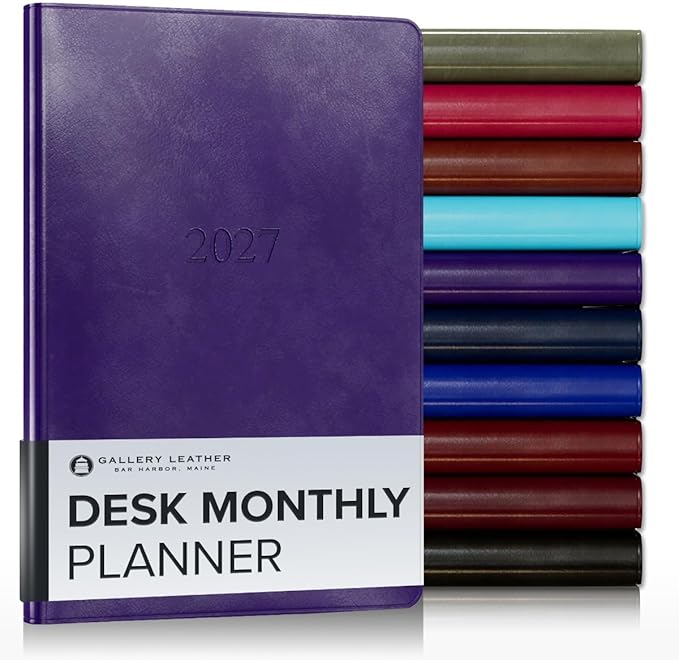 Gallery Leather Desk Monthly Planner 2027, Elegantly Bound Calendar Planner and Notebook with Stylish Gold-Gilded Page Edges, 18 Months - Acadia Plum - 8x5.5"