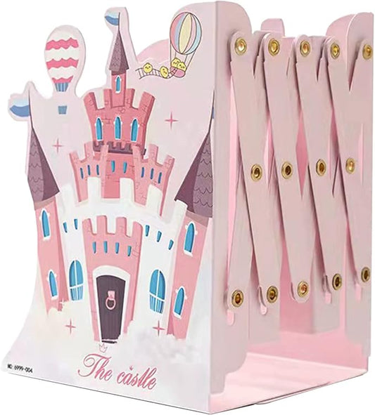 Adjustable Metal Bookends Heavy Duty for Shelves, 2 Dividers, Anti-Slip Design, Castle Style Expandable Bookends for Kids, Girls, Desk, Office, Home(19 inches Max)