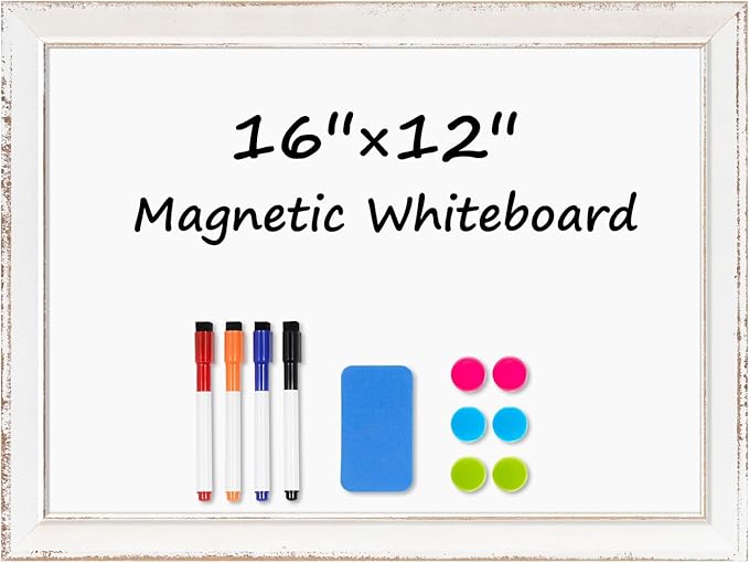 DOLLAR BOSS Magnetic Whiteboard, 16"x12" Dry Erase Board for Wall with White Distressed Frame, Hand-Finished Vintage Decorative White Board for Office, Home & Classroom with Markers, Magnets, Eraser
