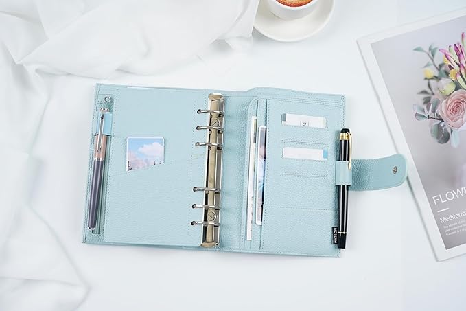 Moterm Personal Luxe Rings Planner - Genuine Leather Binder Organizer (30mm Ring, Pebbled-Light Blue)