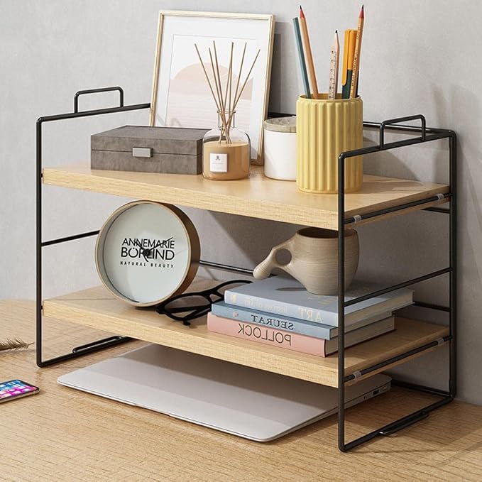 Desktop Shelf Organizer, Small Wood Countertop Bookshelf Adjustable Desktop Organizer Office, Desk Storage Tabletop Display Shelf for Home Office Kids Dorm (Wood White Frame)