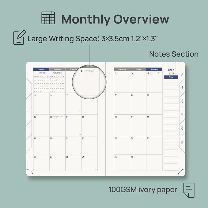 POPRUN Daily Planner 2026-2027 One Page per Day, (A5 Size 5.7" x 8.5") Academic Planner (July 2026 - June 2027) Hourly Appointment Book with Vegan Leather Hardcover, Monthly Tabs & Inner-pocket - Dark Green
