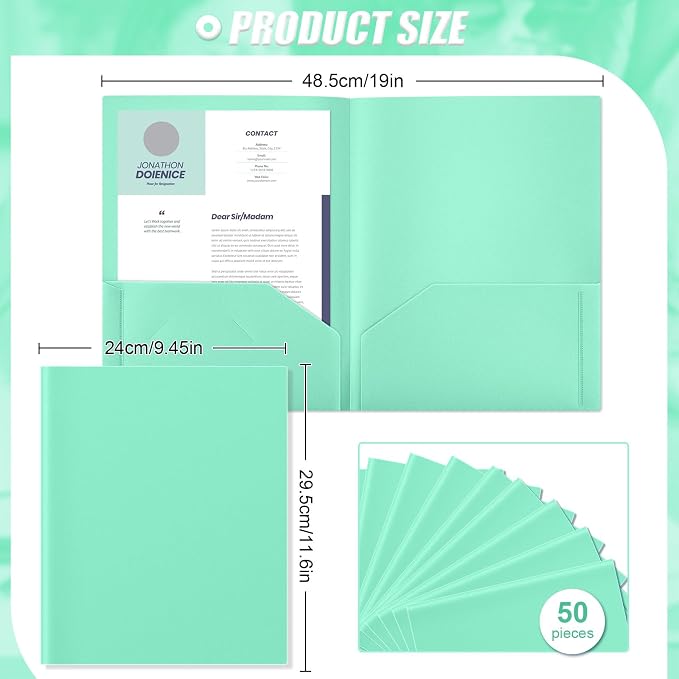 Gueevin 100 Pack Plastic Folder with Pockets, 2 Pocket Folders, Plastic Glossy Folders Fit Letter Size Paper, Heavy Duty Durable File Folder with Business Card for Home Office School (Light Green)