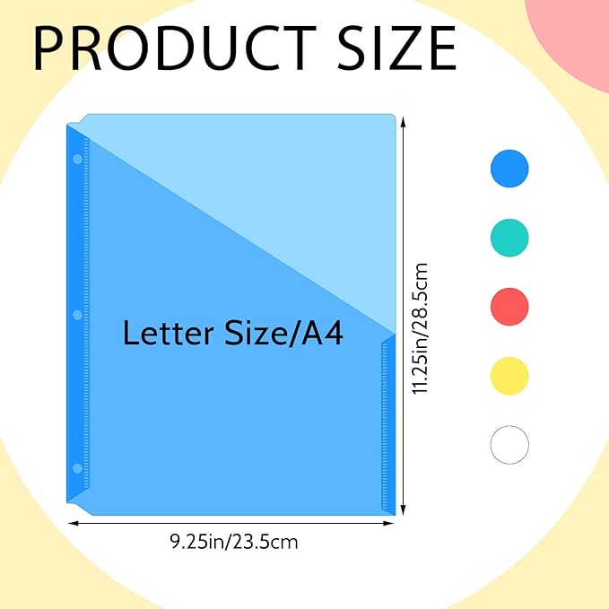 Maitys 30 Pack Binder Pockets 3 Hole Punch Clear Plastic Document Folders Binder Organizer Store Letter Size 8.5x11 Inch Paper Folders with Pockets Slash File Jacket for Office (Candy Color)