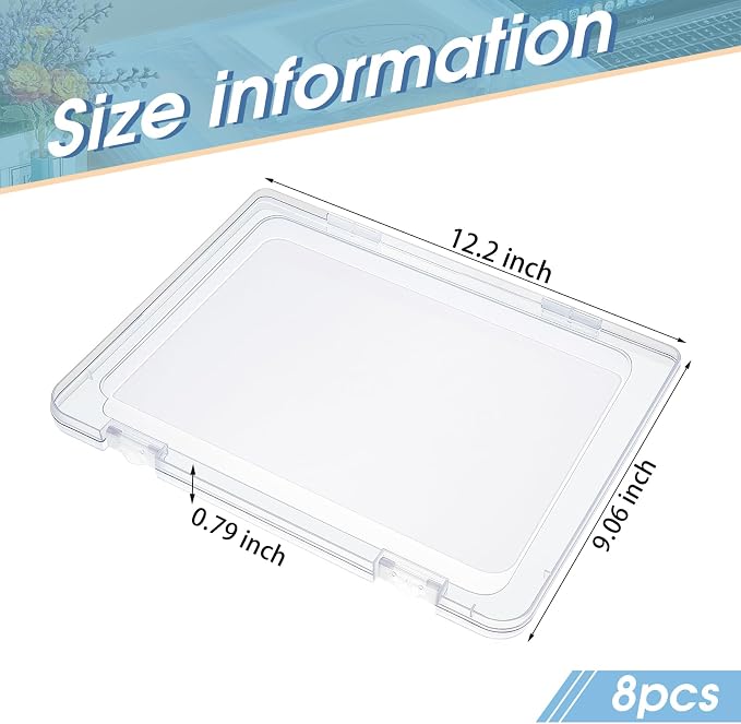 Gueevin 8 Pcs Clear A4 File Organizer Box, Plastic Document Storage Case with Snap Closure and Handle, Flat Paper Organizer for Magazine, Scrapbook and Board Games, 12.2 x 9.06 x 0.79 Inch