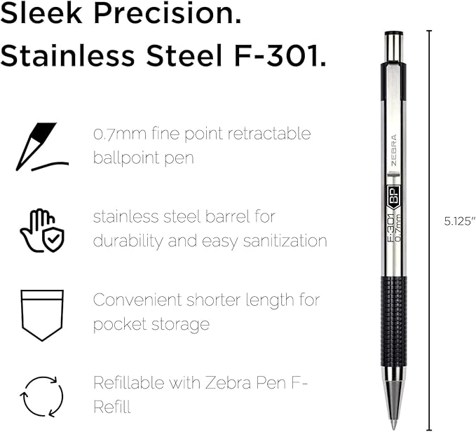 Zebra Pen F-301 Ballpoint Black Ink Fine Point 0.7mm Pen, Easy-Glide Ink, Stainless Steel Retractable, Non-Slip Grip, Professional Design, Ideal for Office, Journal and Planner Use, 18-Pack (27118)