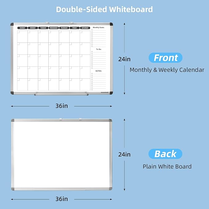 Whiteboard Dry Erase Calendar for Wall, Weekly & Monthly Planner, 36" x 24", Double-Sided, for Office, Home and School