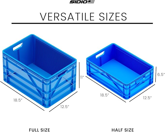 SIDIO Crate Basic Pack - 2 Full-Size & 1 Half-Size Heavy Duty Stackable Storage Bins, Totes and Containers with Dividers - Durable Plastic Organizer for Home, Office, Garage, and Outdoor Use