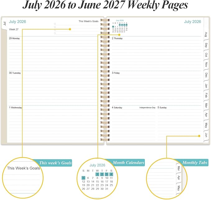 Planner 2026-2027 For Women & Men - Monthly and Weekly Calendar Planner from July 2026 - June 2027, Student Planning with 12 Tabs for Office School Supplies, Inner Pocket, 8.5" x 11", Beige