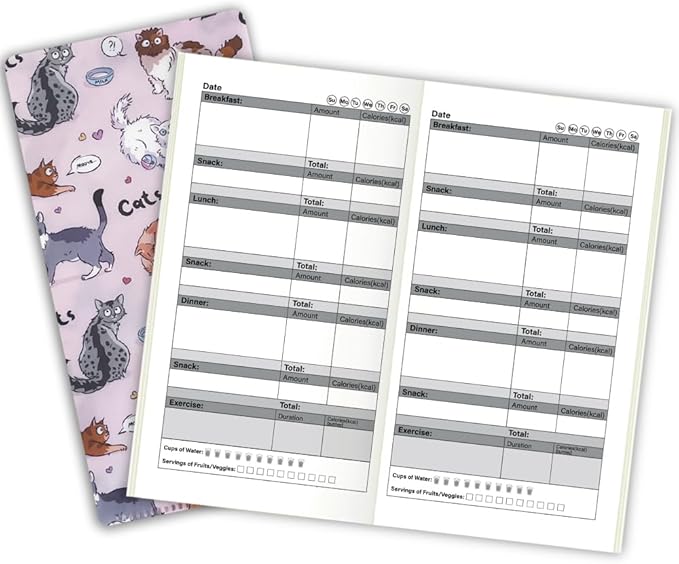 E-WEICHEN Pocket Planner Notebook with Plastic Sleeve, Daily Food Planner Refills, 30Sheets, 8.25x4.25inches Regular TN Journal Notebooks,Travelers Notebook Insert for for for Diet Goals.Pink Cat