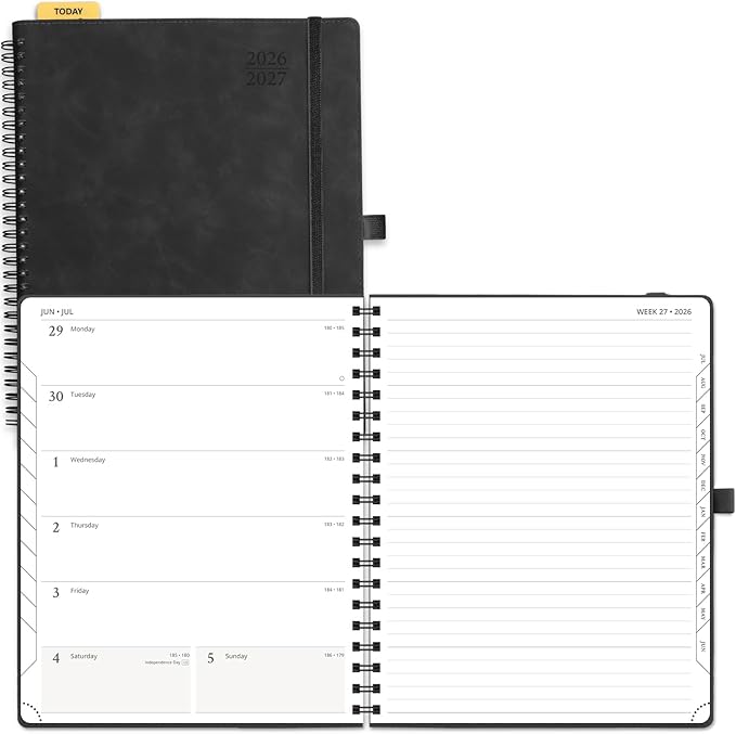 POPRUN Weekly Planner 2026-2027 (July 26-June 27), Large-8.5" x 10.5", Academic Agenda 2026-2027 Calendar Notebook Planner for School, College, Spiral Leather Softcover, 100GSM - Black