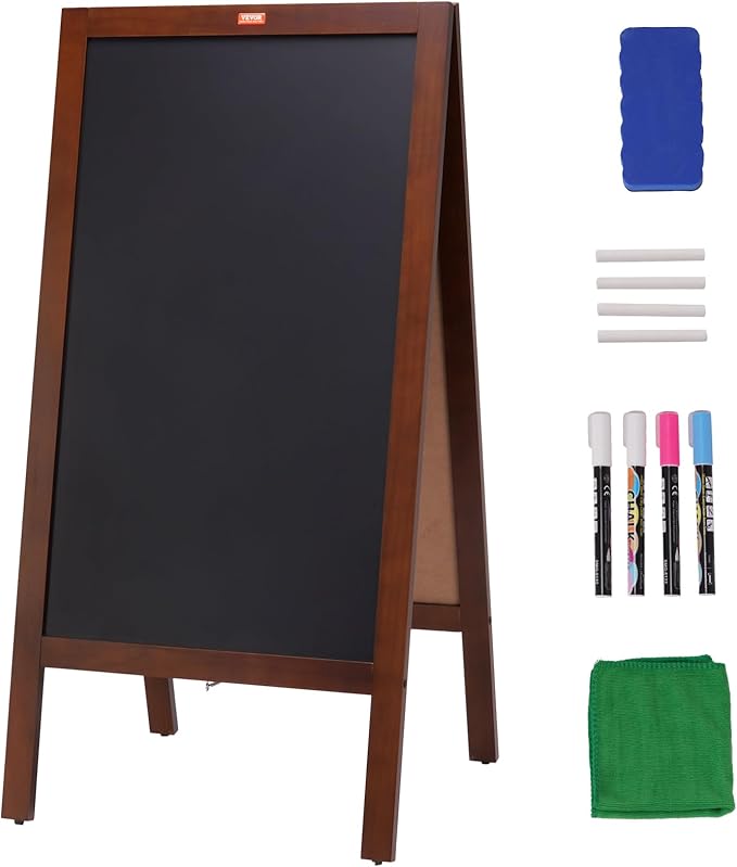 VEVOR A Frame Chalkboard Sign, Double-Sided Sidewalk Signs, Freestanding Vintage Wooden Chalk Board with Chalks & Magnetic Eraser, Rustic Brown Outdoor Sandwich Board, 20"x40", Kitchen Home Wedding