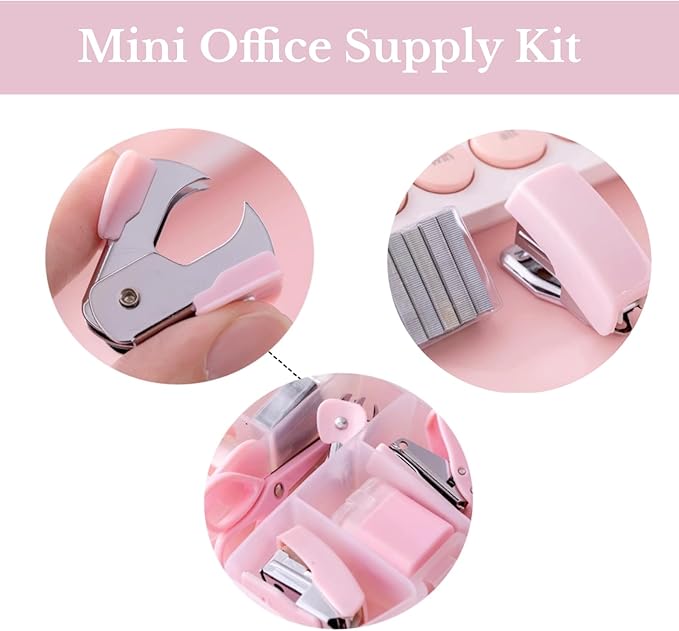 Mini Office Supply Kit Portable Case with Scissors, Mini Stapler,Tape Dispenser,Hole Puncher,Staples Mini Desktop Stapler for Office Or School Supplies