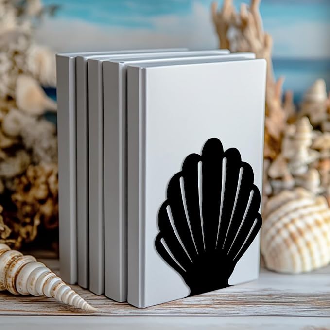 Peacoblue Metal Bookends for Shelves, Modern Decorative Heavy Duty Study Book Support Stoppers for Office, Desk, Shelf, Room 5.3"x4.3"x5.5" Cast Iron Simple Tall Bookends, 1 Pair (Shells)