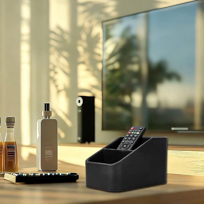 UNICRAFTALE PU Leather Remote Control Holder Organizer 3-Grid Desk Organizer Bedside Table Caddy Remot Organizers for TV Remote Pen Glasses Office Supplies Home Decor Black 6.69x3.94x3.94 Inch