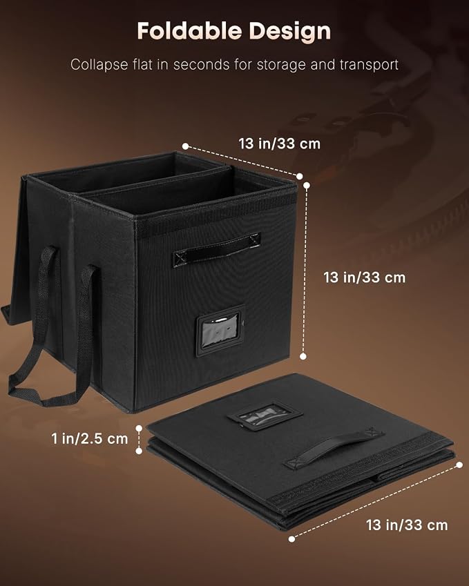 Uniclife 2 Pack Vinyl Record Storage Box, Collapsible LP Storage Organizer with Lid & Handles, Splash-Resistant Album Storage Crate for 120 Single Records (12"), Vinyl Record Holder, 13" × 13" × 13"