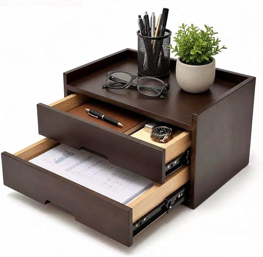Solid Wood Desk Organizer with Drawers, Wooden Desk Storage Organizer with Smooth Slides, Filing A4 Paper File Organizer for Home Office, Bedroom & Makeup, Fully Assembled, Walnut Finish