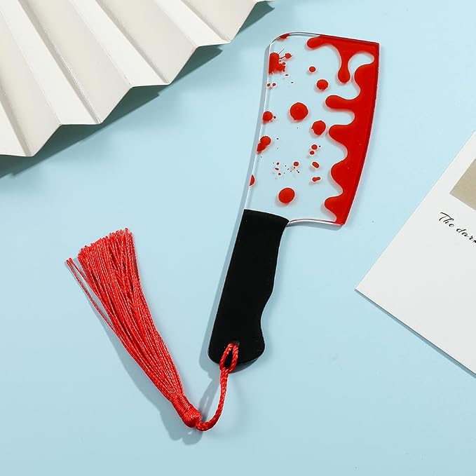 Horror Novelty Bookmark Set - Creepy Tool Shapes with Blood Stain Design, Gothic Book Accessories for Halloween Gifts, Macabre Metal Page Holders with Red Tassels (1pc Knives)