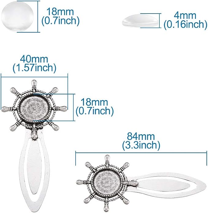 FASHEWELRY 20Pcs Antique Silver Bookmark Pendant Tray Kit Include 10Pcs 18mm Helm Round Blank Bezel Base Setting Charms with 10Pcs Clear Glass Dome Tiles Cabochons