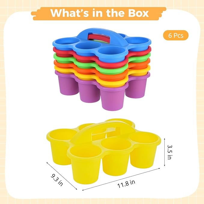 Joyibay 6 Pcs Classroom Caddy Organizer, Desktop Plastic Caddy, Drink Holder with 6-Compartment & Handle, Multifunctional Storage Holder for Crayons, Pencils, Markers & Office Supplies (Multicolor)