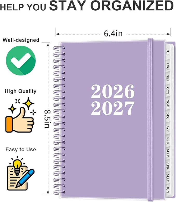 Planner 2026-2027 - Academic Planner from July 2026 to June 2027, Weekly & Monthly Planners Spiral Bound with 12-Month Tabs, Inner Pocket, 6.25" x 8.5", Purple