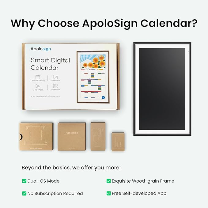 Apolosign 21.5-inch Digital Calendar : Dual Mode Smart Wall Planner, No Subscription, Install Apps, Sync Calendars, Electronic Touchscreen Interactive Display for Family Schedules, Chore Chart (Black)