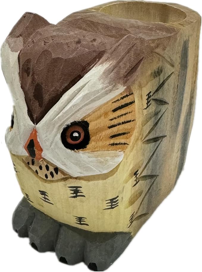 TANG SONG Creative Wood Carving Owl Handicrafts Pen and Pencil Holder Office Desk Supplies Organizer Pencil Cup