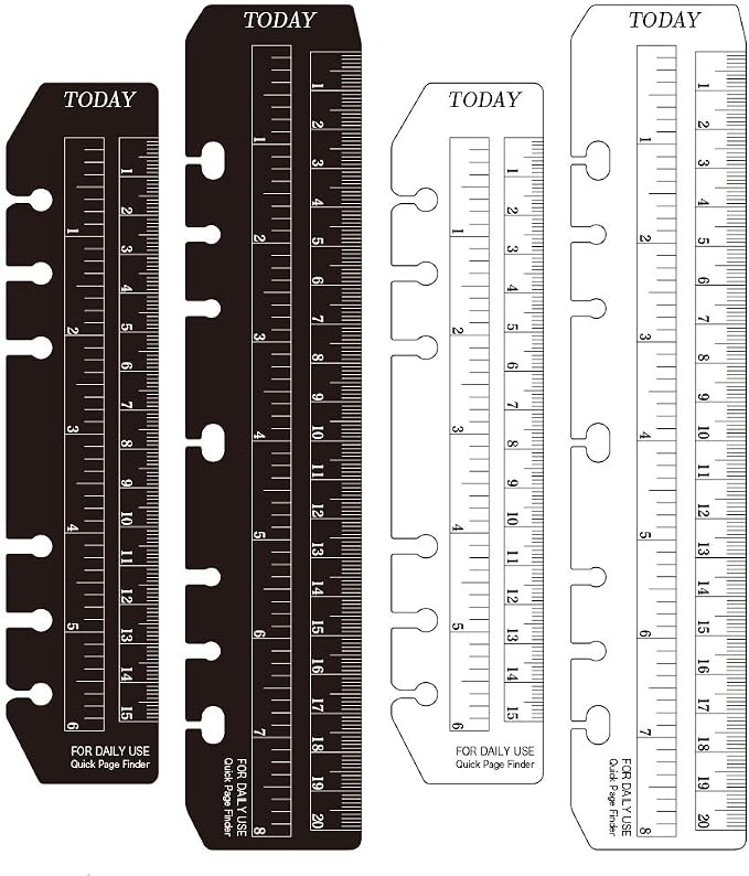 JKJF 4 Pcs Plastic Page Marker Snap-in Bookmark Ruler Binder Ruler for A5 A6 Size 6-Hole Notebook Filler - Clear and Black