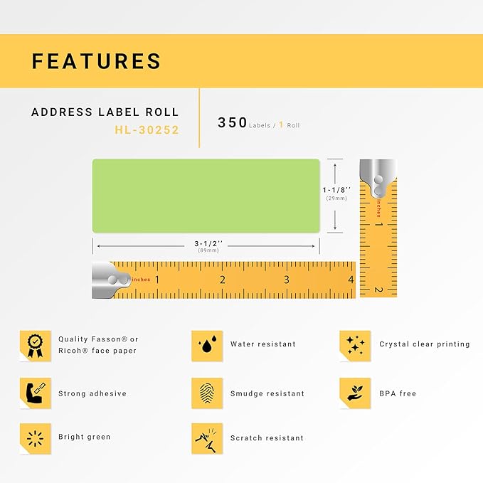 HOUSELABELS Compatible DYMO 30252 Green Address Labels (1-1/8" x 3-1/2"), Strong Permanent Adhesive, Compatible with DYMO LW 450, 4XL, Rollo & Zebra Desktop Printers, 12 Rolls /4200 Labels