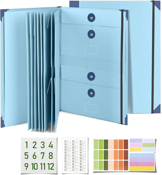 Important Document Organizer, File Folder with Labels and 12 Pockets, Expanding Storage Folder for Family Emergency Binder, Life Binder Organizer for Photos and Letters, Blue