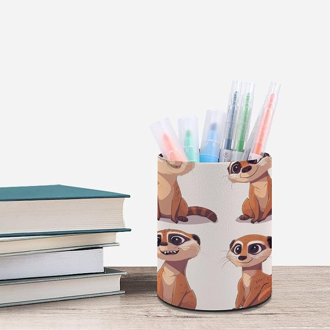 Comic Meerkat Pencil Holder Round Pen Cup Funny PU Leather Marker Holder Makeup Brush Holders Desk Accessories Workspace Organizers for Home School Office