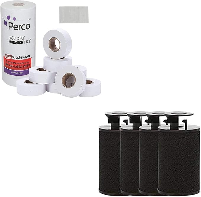Perco White Pricing Labels for Monarch 1131 Price Gun - 1 Sleeve, 20,000 Blank Marking Labels Bundle with Monarch Ink Roll for Monarch 1131 & 1136 Price Labelers (Pack of 4)